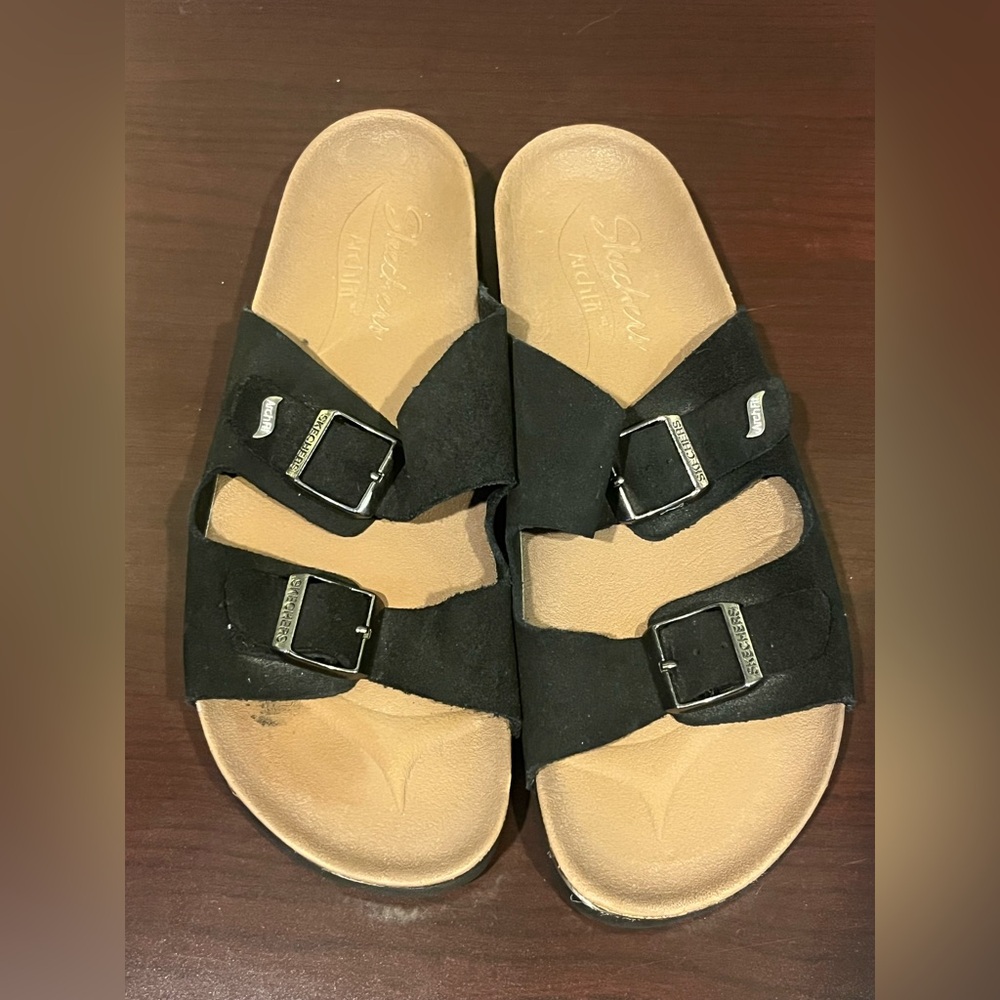 Skechers Womens Granola Slides Sandals Black Buckle Low Wedge Heel Slip On 10